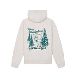 An off-white hooded sweatshirt shown from the back, featuring a teal graphic print of pine trees, mountains, a sleigh, and the words 'Winter Wonderland Goat Usa'.
