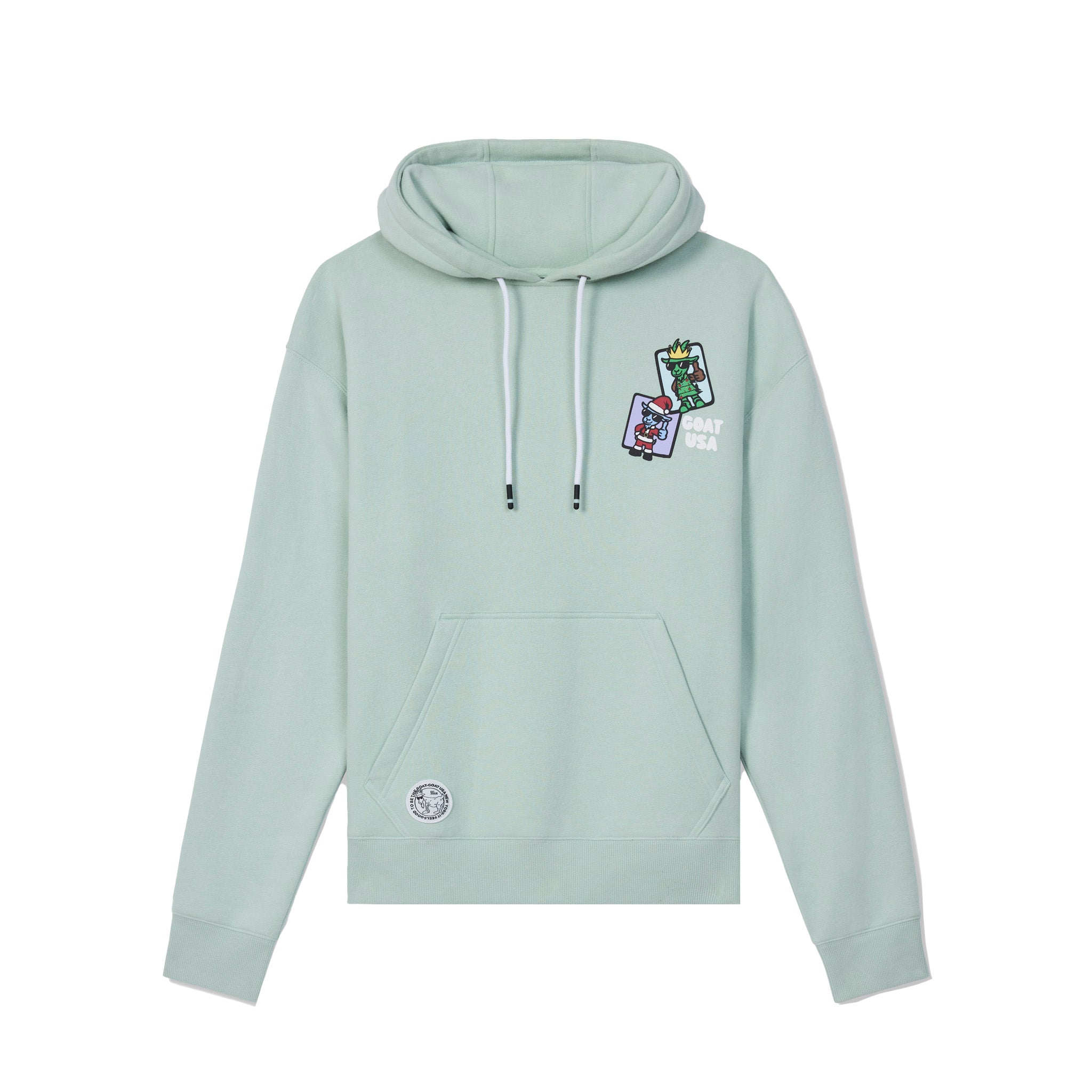 A light mint green pullover hoodie with white drawstrings, featuring a small colorful graphic on the left chest and a circular patch on the front pocket, displayed against a solid white background.