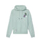 A light mint green pullover hoodie with white drawstrings, featuring a small colorful graphic on the left chest and a circular patch on the front pocket, displayed against a solid white background.