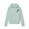 A light mint green pullover hoodie with a kangaroo pocket, featuring a small colorful graphic on the left chest and a circular logo patch on the lower left front, displayed against a solid white background.