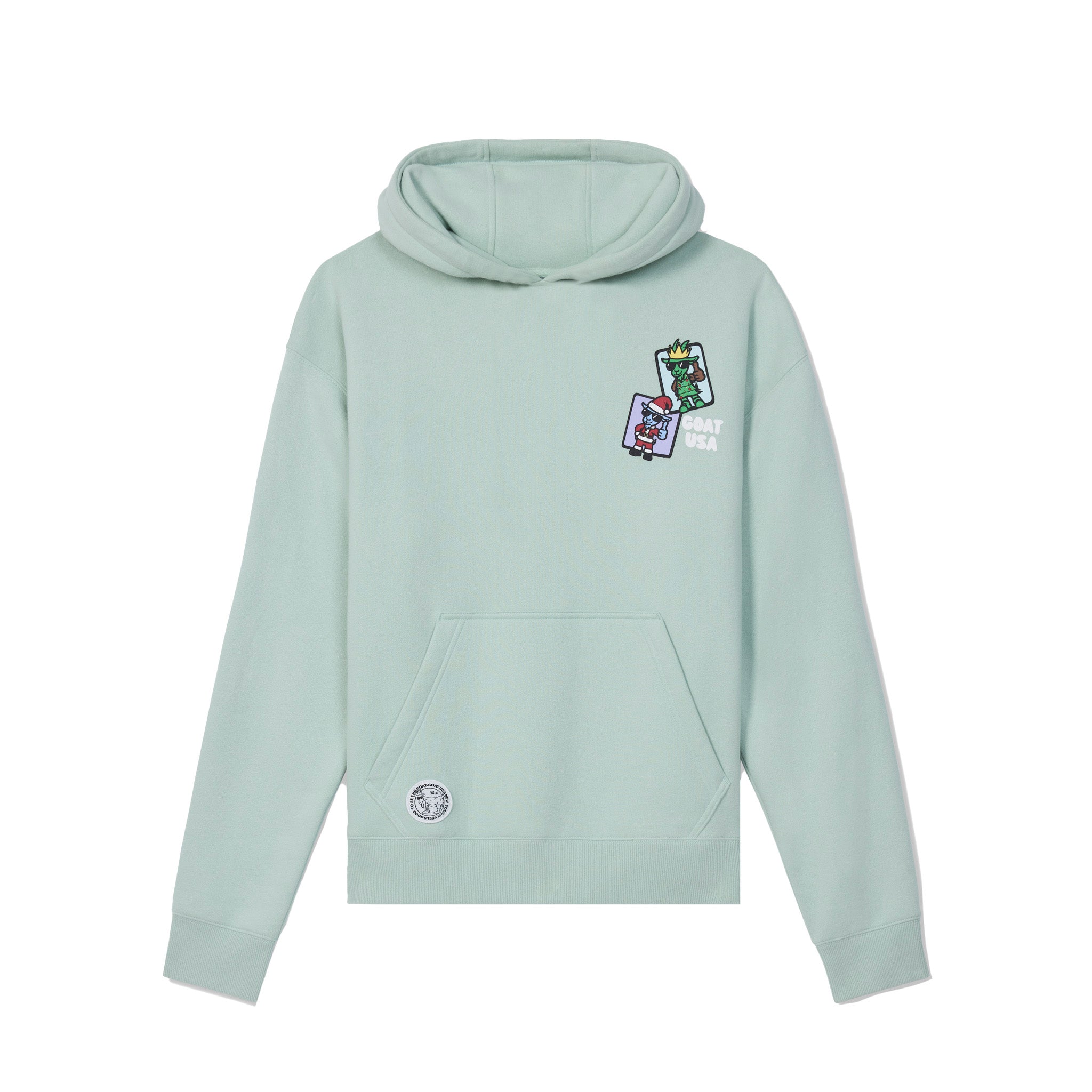 A light mint green pullover hoodie with a kangaroo pocket, featuring a small colorful graphic on the left chest and a circular logo patch on the lower left front, displayed against a solid white background.