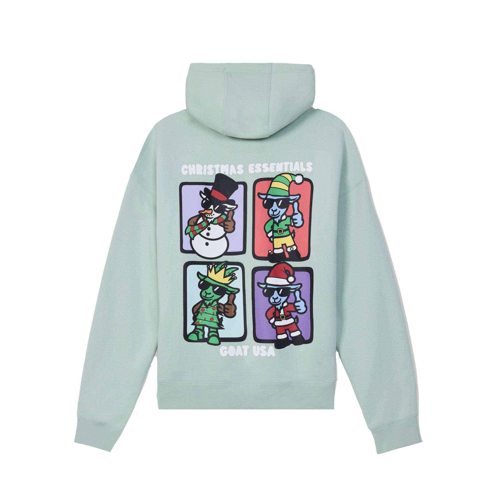 A mint green hoodie shown from the back, featuring a colorful graphic print of four cartoon Christmas goats in a 2x2 grid with the text 'CHRISTMAS ESSENTIALS' and 'GOAT USA'.