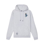 A light heather gray pullover hoodie with a small blue and white graphic of a knight on the left chest and a circular logo patch near the lower left front pocket, displayed on a solid white background.