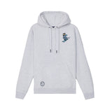 A light heather gray pullover hoodie with a small blue and white graphic of a knight on the left chest and a circular logo patch near the lower left front pocket, displayed on a solid white background.