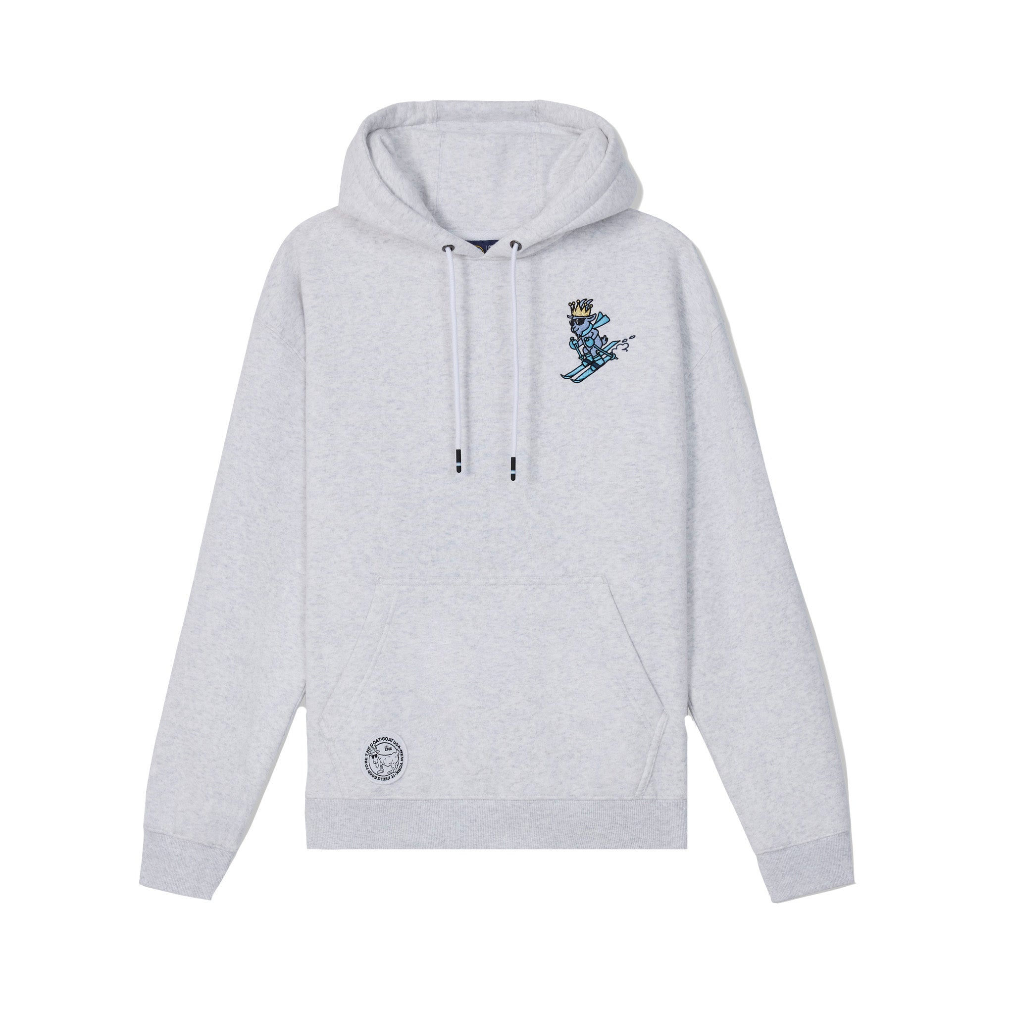 A light heather gray pullover hoodie with a small blue and white graphic of a knight on the left chest and a circular logo patch near the lower left front pocket, displayed on a solid white background.