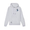 A light heather gray pullover hoodie with a small blue and white graphic of a knight on the left chest and a circular logo patch near the lower left front pocket, displayed on a solid white background.
