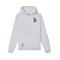 A light gray heather pullover hoodie with a small embroidered blue and white skier character on the left chest and a circular embroidered patch on the lower left front pocket, shown against a plain white background.