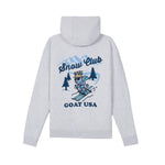 A light gray heather hoodie shown from the back, featuring a graphic print of a cartoon goat wearing a crown and goggles while skiing, with the text 'Snow Club' and 'GOAT USA'.