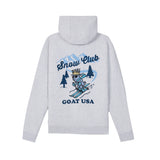 A light gray heather hoodie shown from the back, featuring a graphic print of a cartoon goat wearing a crown and goggles while skiing, with the text 'Snow Club' and 'GOAT USA'.