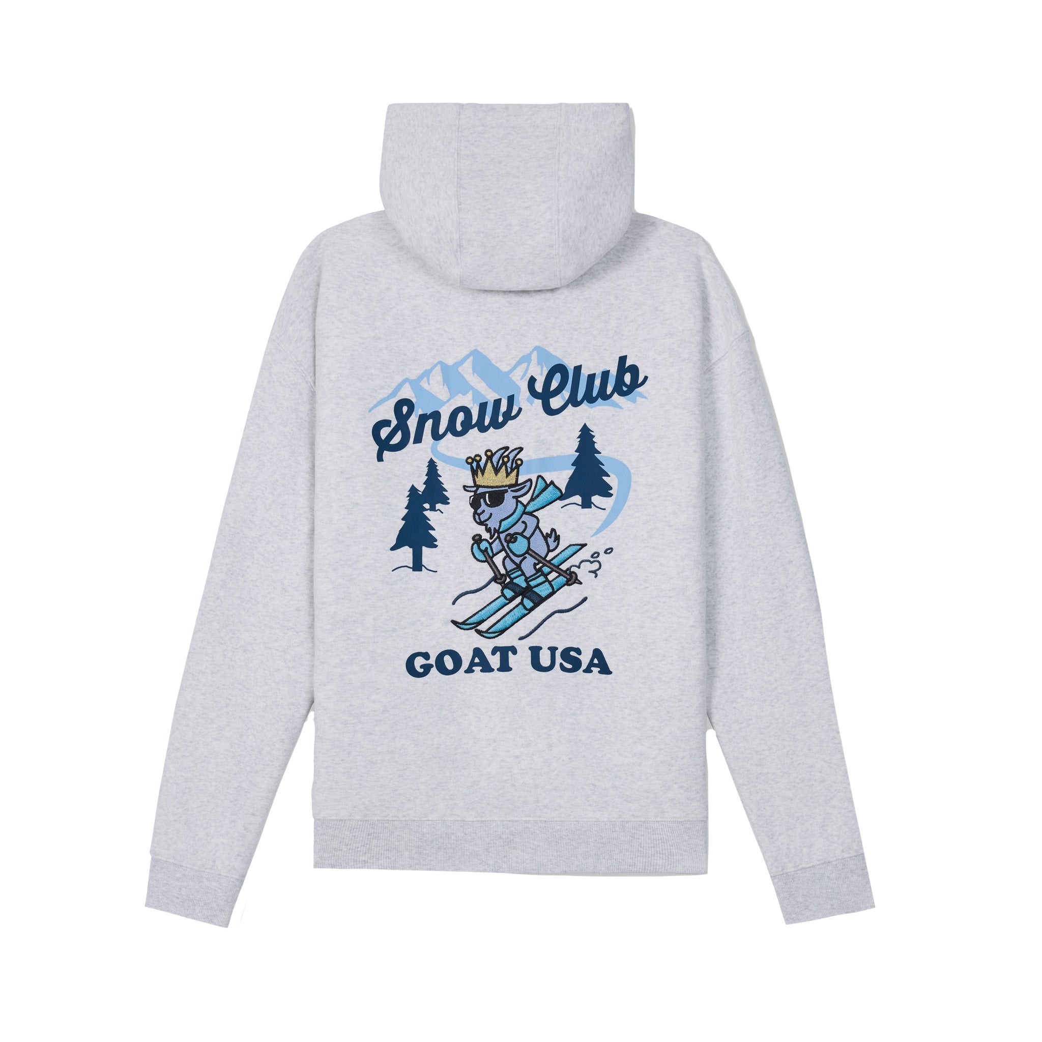 A light gray heather hoodie shown from the back, featuring a graphic print of a cartoon goat wearing a crown and goggles while skiing, with the text 'Snow Club' and 'GOAT USA'.