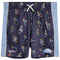 A pair of kids' athletic shorts featuring a navy blue base with an all-over print of cartoon soccer players wearing gold crowns. The shorts have light blue side panels with white piping, a white drawstring, and 'GOAT USA' branding on the lower left leg.