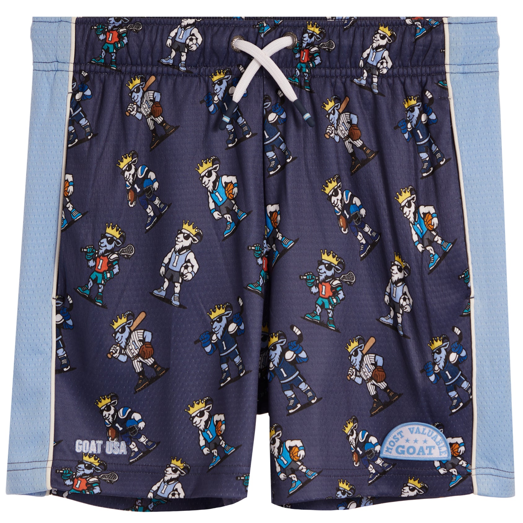 A pair of kids' athletic shorts featuring a navy blue base with an all-over print of cartoon soccer players wearing gold crowns. The shorts have light blue side panels with white piping, a white drawstring, and 'GOAT USA' branding on the lower left leg.