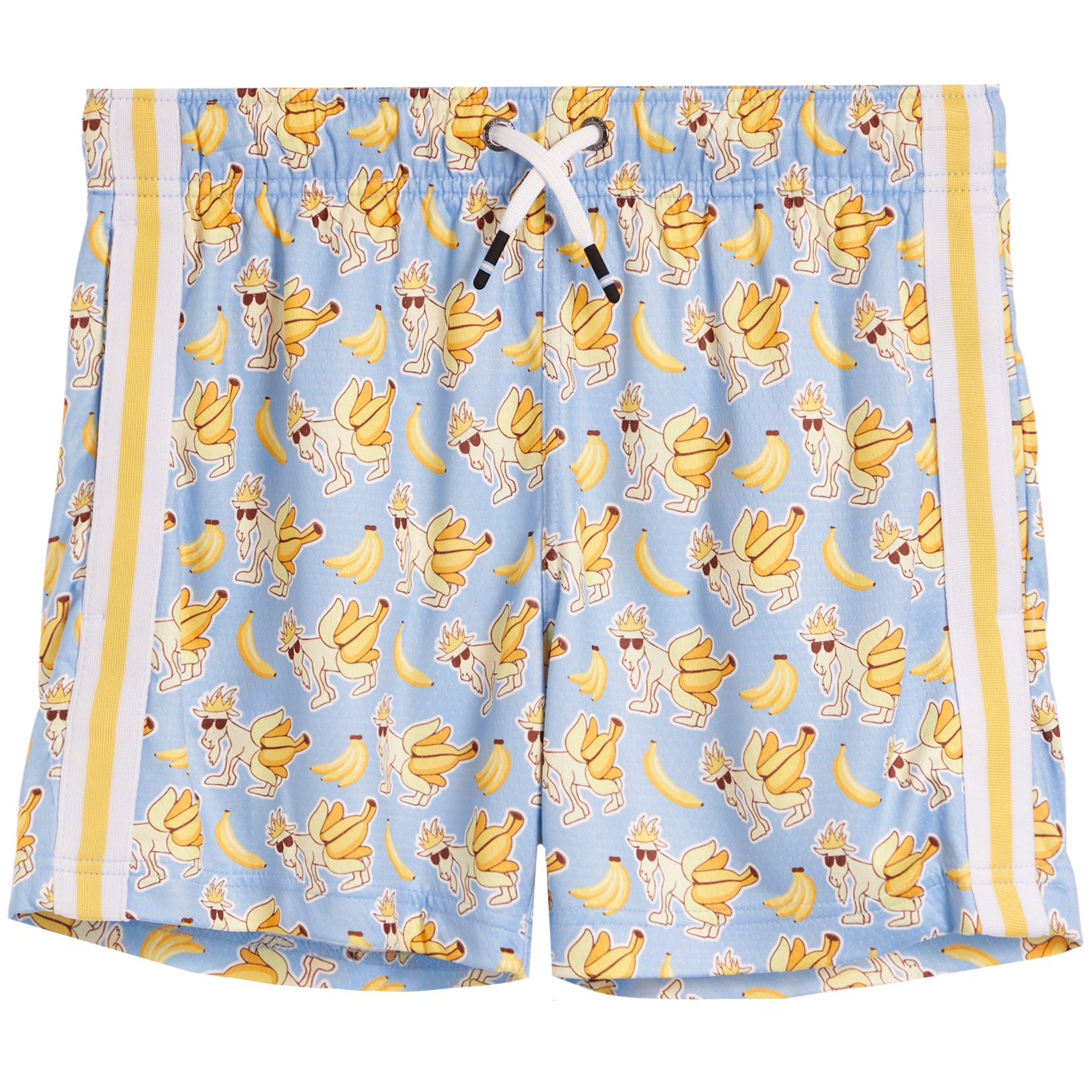 Light blue swim trunks featuring an all-over print of cartoon goats wearing sunglasses next to yellow bananas, with yellow and white side stripes and a white drawstring.