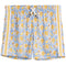 Light blue swim trunks featuring an all-over print of cartoon goats wearing sunglasses next to yellow bananas, with yellow and white side stripes and a white drawstring.