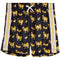 A pair of dark navy athletic shorts featuring a repeating pattern of goats and mac cheese, bordered by white and yellow stripes down the sides, with a white cross-shaped drawstring at the elastic waistband.