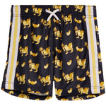 A pair of dark navy athletic shorts featuring a repeating pattern of goats and mac cheese, bordered by white and yellow stripes down the sides, with a white cross-shaped drawstring at the elastic waistband.