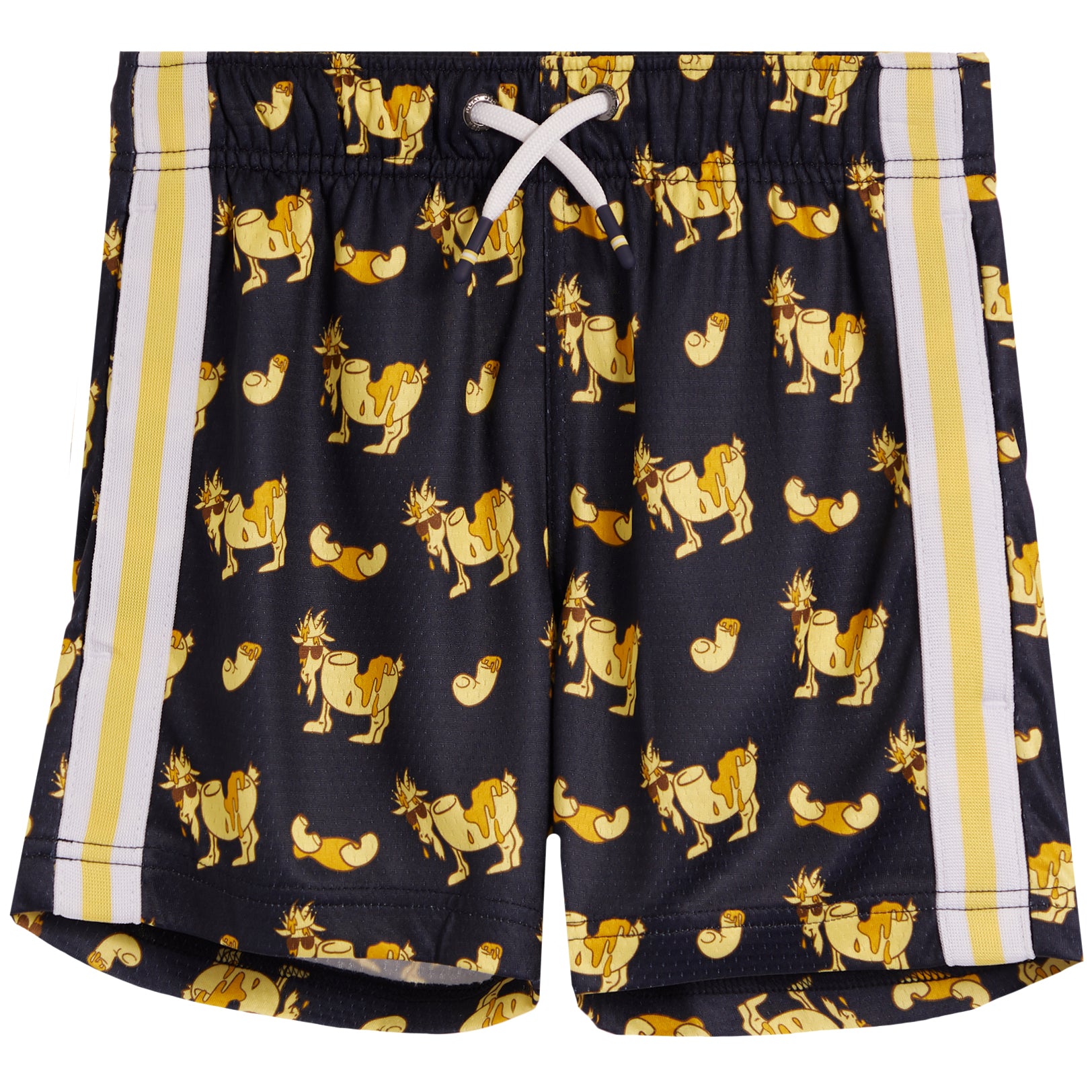 A pair of dark navy athletic shorts featuring a repeating pattern of goats and mac cheese, bordered by white and yellow stripes down the sides, with a white cross-shaped drawstring at the elastic waistband.