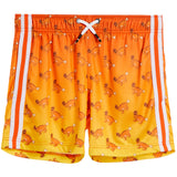 Bright orange and yellow athletic shorts with a repeating brown deer pattern, featuring white side stripes and a white drawstring.