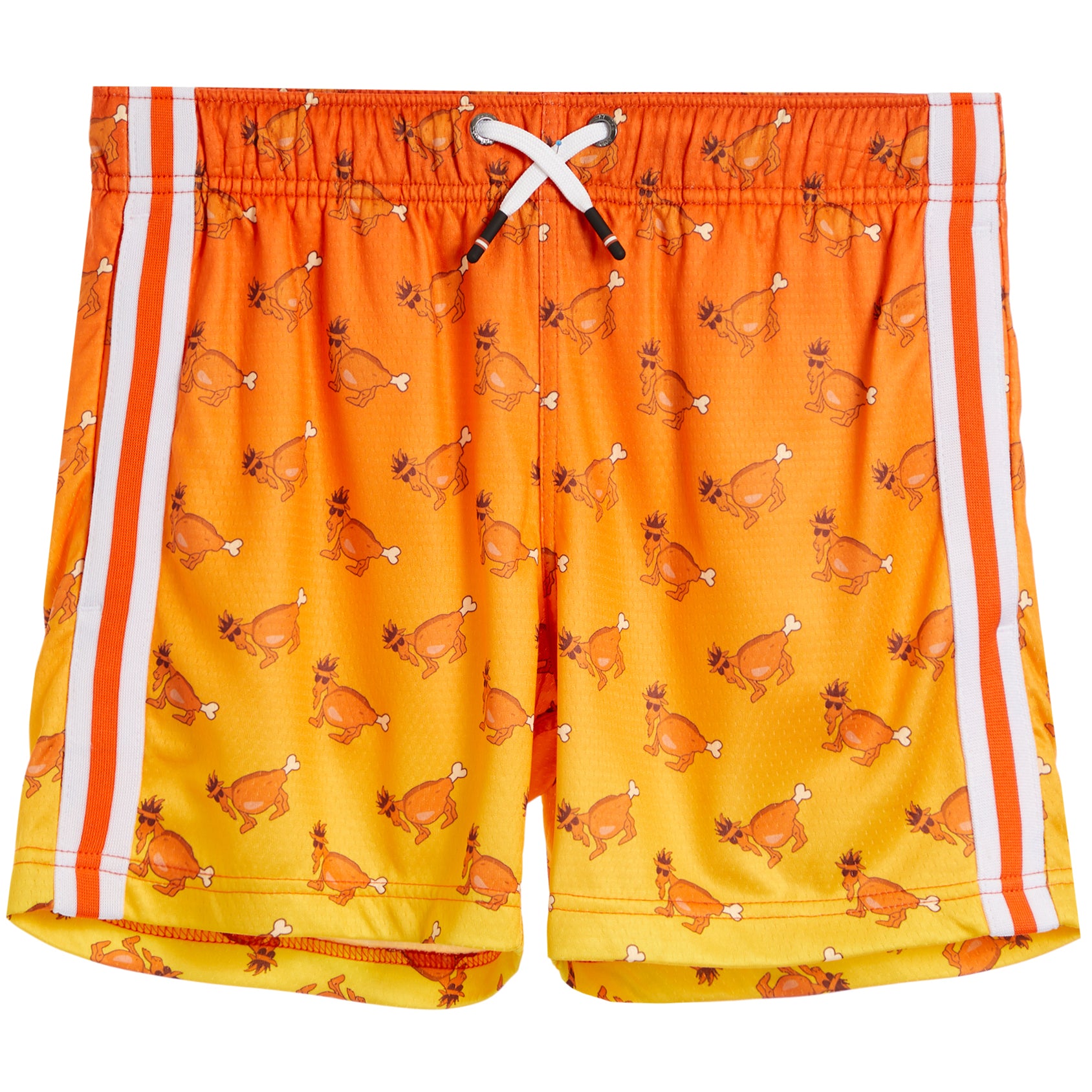 Bright orange and yellow athletic shorts with a repeating brown deer pattern, featuring white side stripes and a white drawstring.