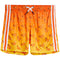 Bright orange and yellow athletic shorts with a repeating brown deer pattern, featuring white side stripes and a white drawstring.