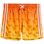 Bright orange and yellow athletic shorts with a repeating brown deer pattern, featuring white side stripes and a white drawstring.