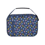 A rectangular lunch bag with a navy blue base covered in a repeating pattern of colorful goats in light pink, yellow, mint, and light blue. It features a top handle, a front zippered pocket, and a main zippered compartment, shown against a plain white background. 