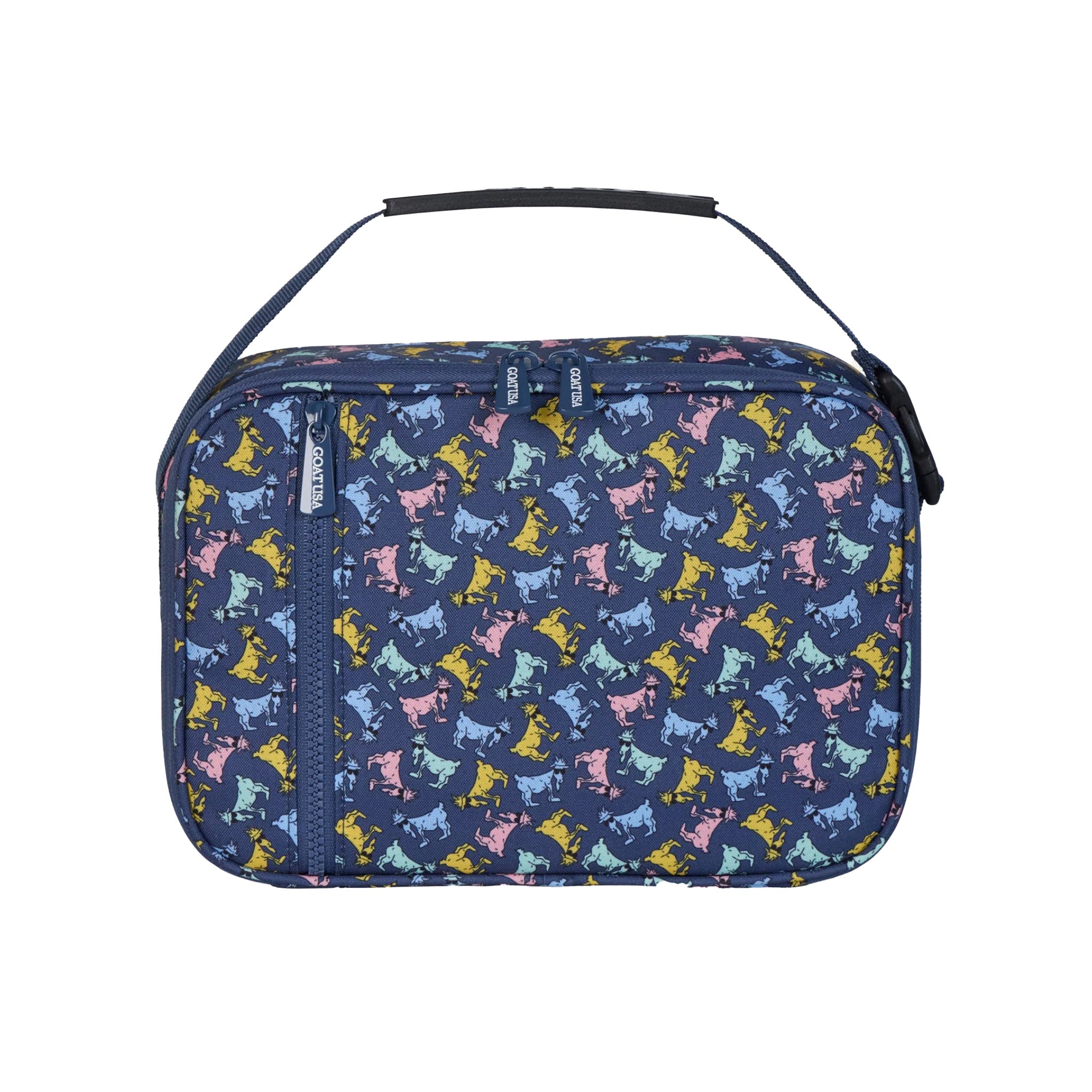 A rectangular lunch bag with a navy blue base covered in a repeating pattern of colorful goats in light pink, yellow, mint, and light blue. It features a top handle, a front zippered pocket, and a main zippered compartment, shown against a plain white background. 