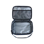 An open insulated lunch bag with a gray interior, black mesh pocket on the upper flap, and a dark blue patterned exterior edge, shown on a white background.