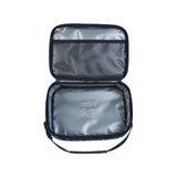 An open insulated lunch bag with a gray interior, black mesh pocket on the upper flap, and a dark blue patterned exterior edge, shown on a white background.
