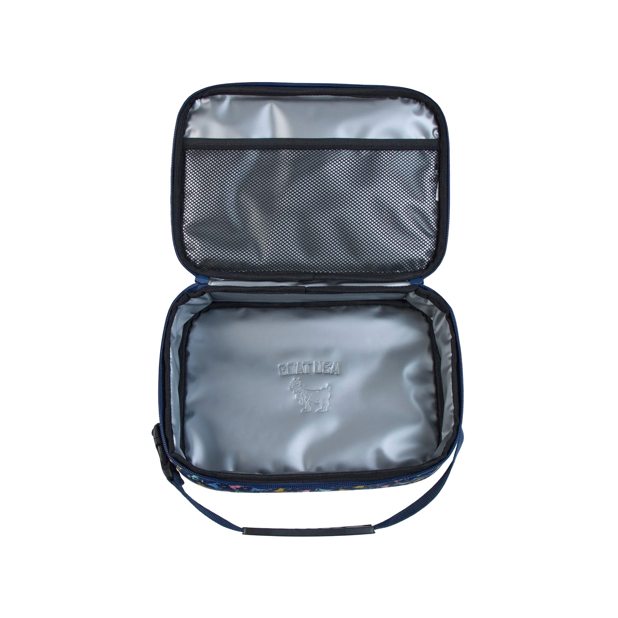 An open insulated lunch bag with a gray interior, black mesh pocket on the upper flap, and a dark blue patterned exterior edge, shown on a white background.