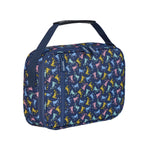 A navy blue insulated lunch bag with a top handle, featuring a colorful repeating pattern of goat in light pink, yellow, mint, and light blue. The bag has a zippered main compartment and a front zippered pocket, shown on a plain white background.