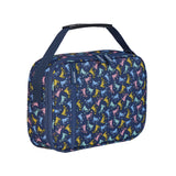 A navy blue insulated lunch bag with a top handle, featuring a colorful repeating pattern of goat in light pink, yellow, mint, and light blue. The bag has a zippered main compartment and a front zippered pocket, shown on a plain white background.