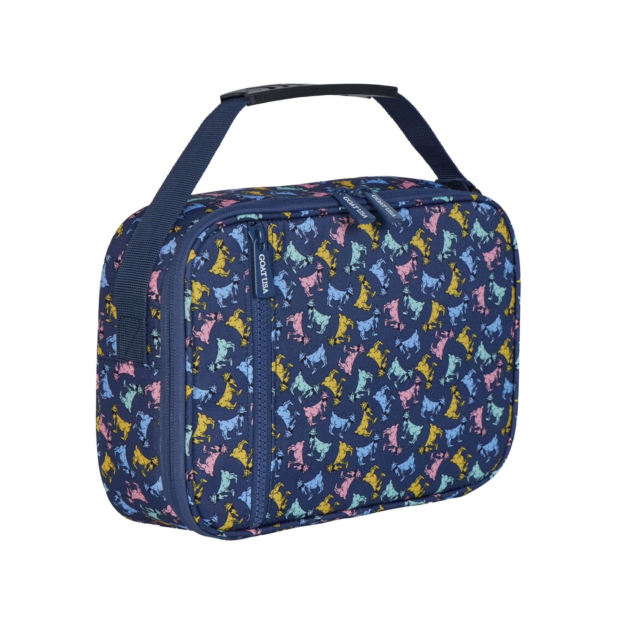 A navy blue insulated lunch bag with a top handle, featuring a colorful repeating pattern of goat in light pink, yellow, mint, and light blue. The bag has a zippered main compartment and a front zippered pocket, shown on a plain white background.