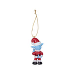 A small blue goat Christmas ornament wearing a red Santa hat and red outfit with white trim, hanging from a gold string on a plain white background.