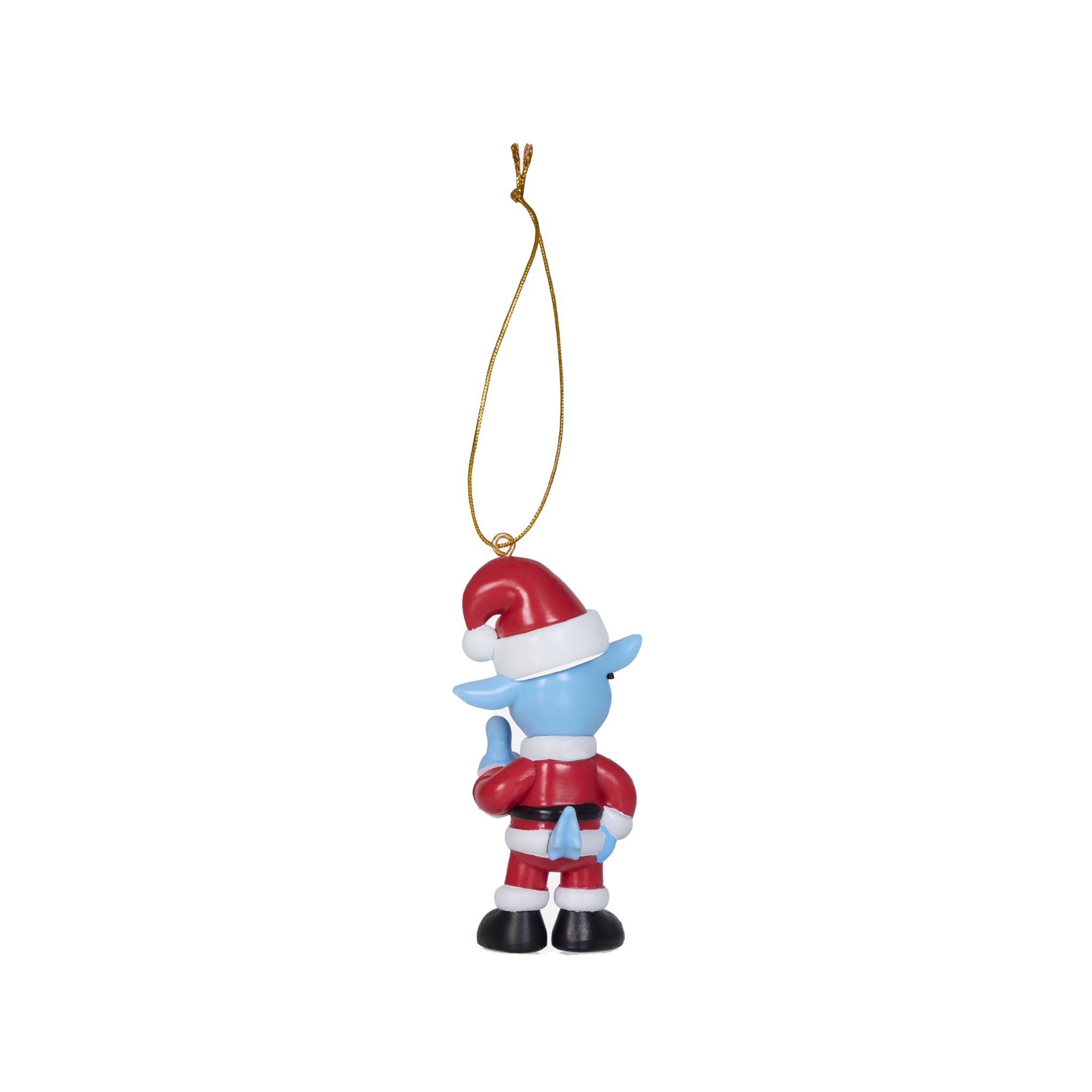A small blue goat Christmas ornament wearing a red Santa hat and red outfit with white trim, hanging from a gold string on a plain white background.