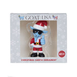 Goat USA Christmas Santa ornament in its original window box packaging. The ornament depicts a blue goat dressed in a red and white Santa suit, black sunglasses, and giving a thumbs-up.