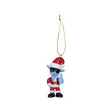 A Santa-clad cartoon character hanging ornament with a gold hanging string, shown on a plain white background.