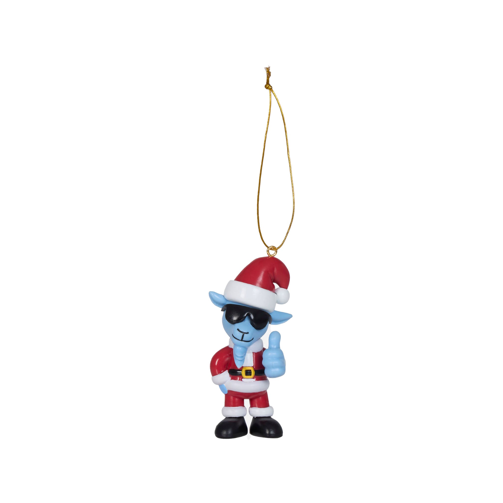 A Santa-clad cartoon character hanging ornament with a gold hanging string, shown on a plain white background.