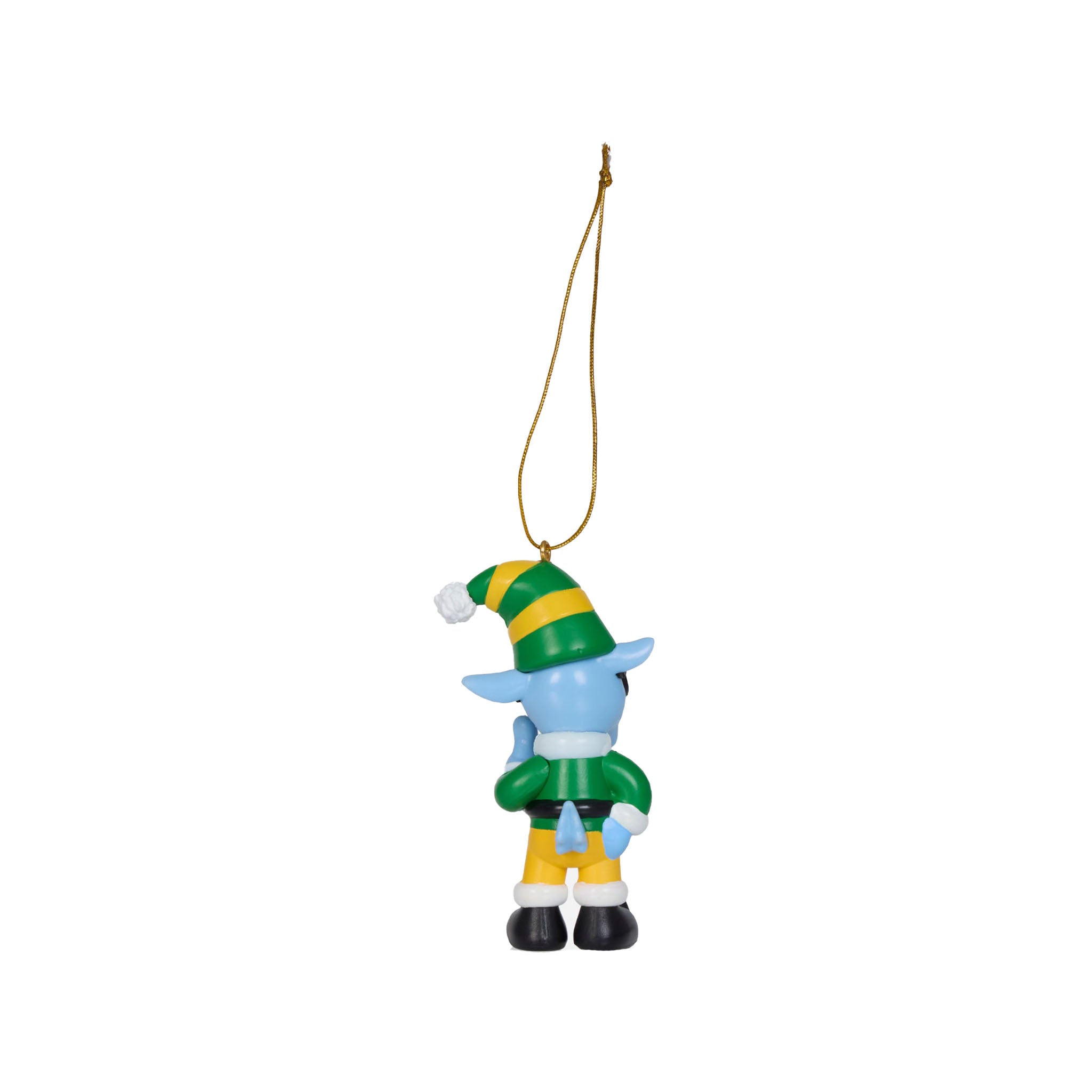 A small goat hanging ornament with a blue body, green and yellow striped hat, green outfit, yellow pants, and black shoes, suspended by a gold string on a white background.