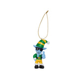 A small decorative hanging ornament goat character wearing a green and yellow striped hat, green top, yellow pants, black shoes, and giving a thumbs-up, suspended by a gold string on a white background.