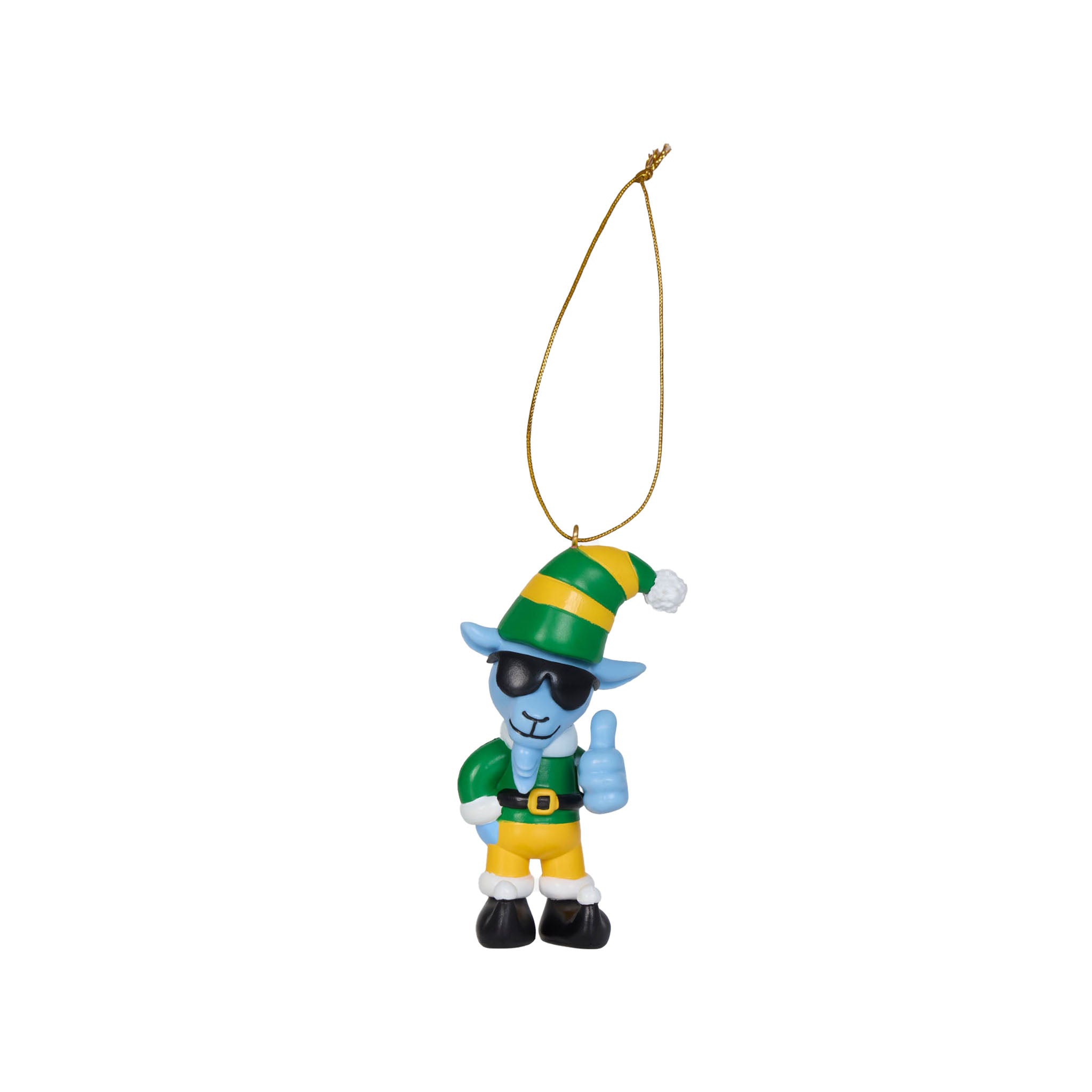 A small decorative hanging ornament goat character wearing a green and yellow striped hat, green top, yellow pants, black shoes, and giving a thumbs-up, suspended by a gold string on a white background.