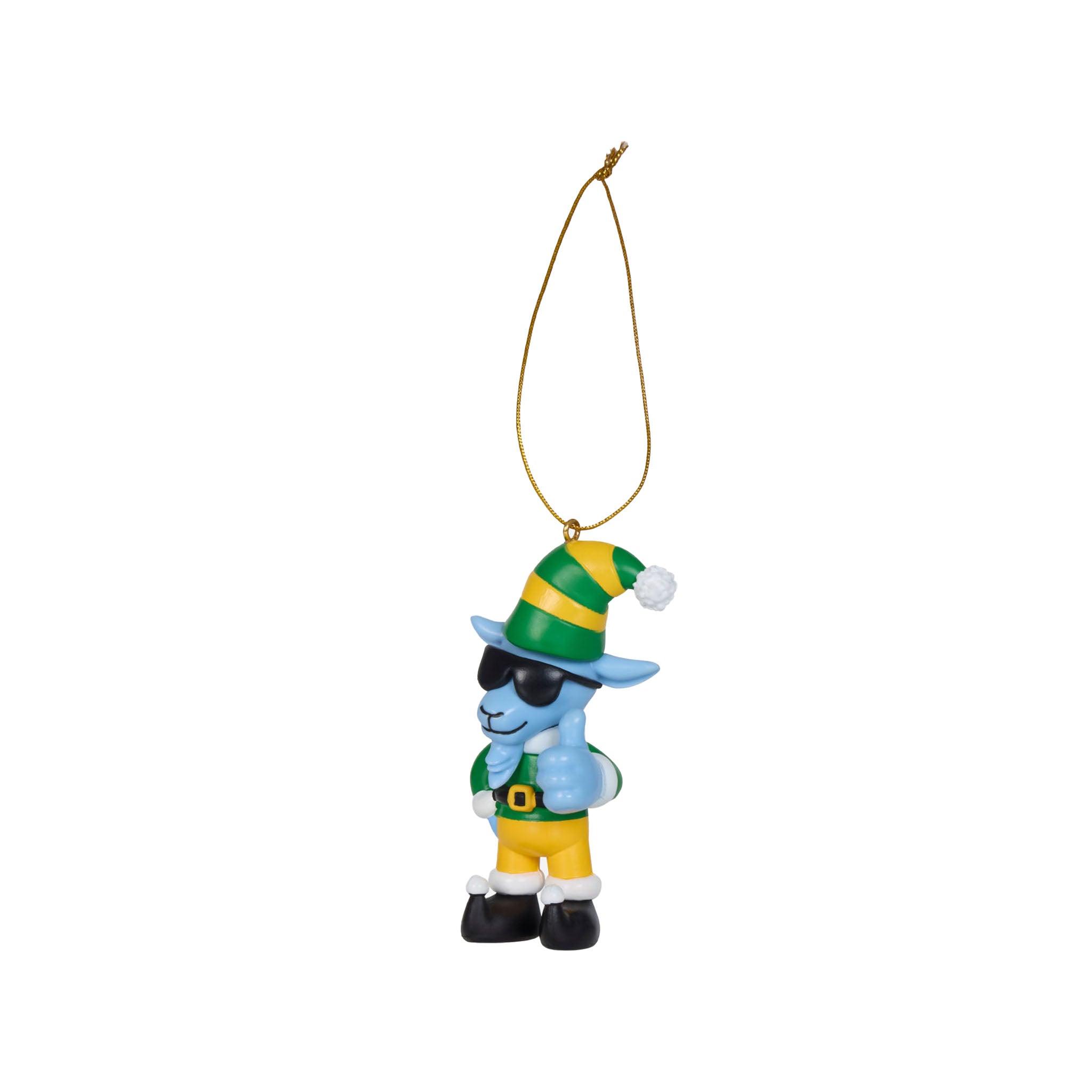 A small hanging ornament featuring a blue goat wearing a green and yellow striped hat, green vest, yellow pants, and black boots, suspended by a gold string on a plain white background.