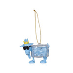 A blue goat-shaped hanging ornament shaped like a clear ice cube, wearing a small gold crown and black sunglasses, with a gold hanging string on a plain white background.