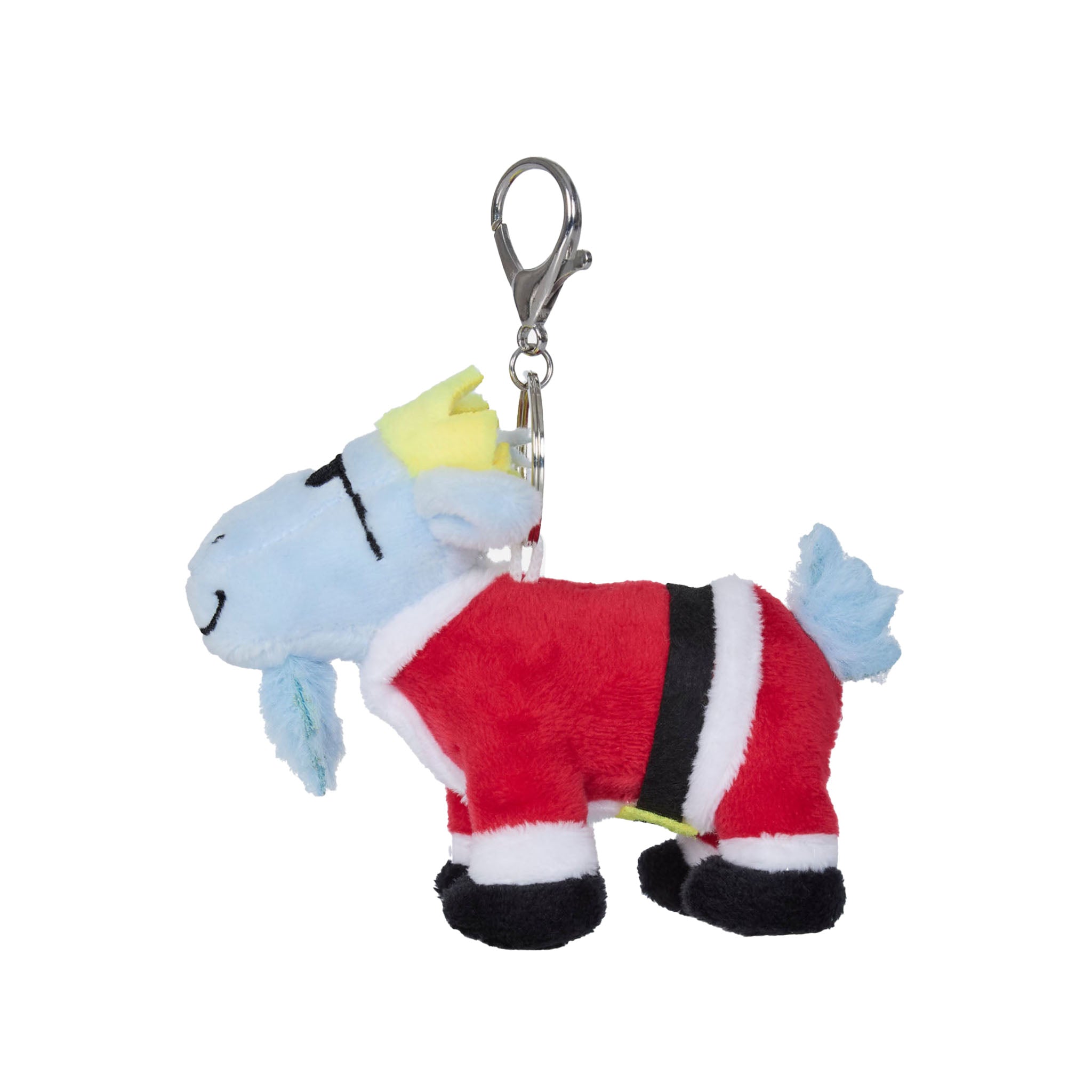 A plush goat character keychain or bag charm dressed in a Santa-style red outfit with white trim, a black belt, black hooves, and a small yellow crown, attached to a silver metal clasp on a plain white background.