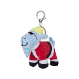 A plush goat keychain wearing a red Santa-style suit with white trim, a yellow hat, and black boots, attached to a silver metal clasp on a plain white background.