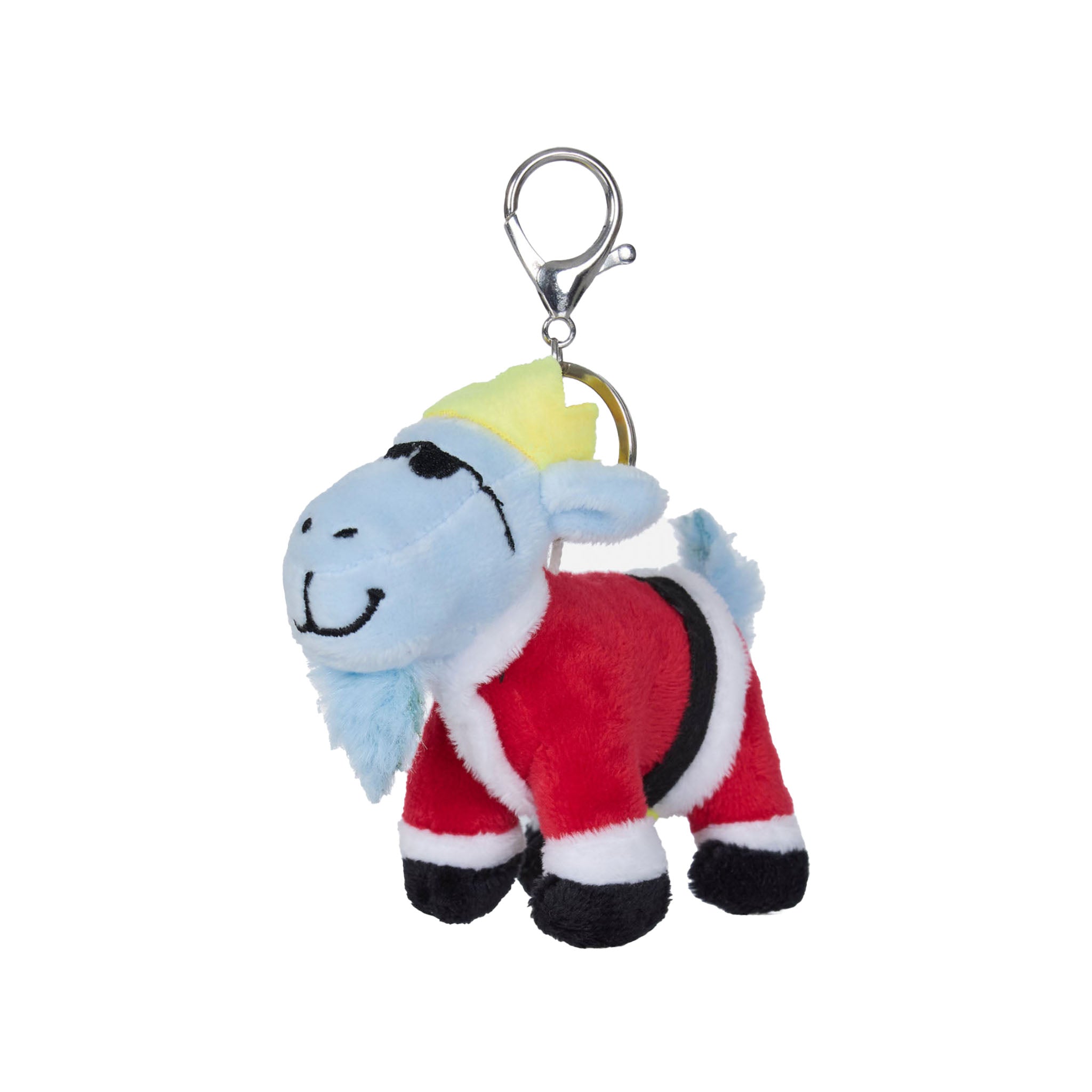 A plush goat keychain wearing a red Santa-style suit with white trim, a yellow hat, and black boots, attached to a silver metal clasp on a plain white background.
