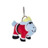 A plush goat keychain dressed in a Santa-style red outfit with white trim, black hooves, and a yellow crown, attached to a silver metal clip on a plain white background.