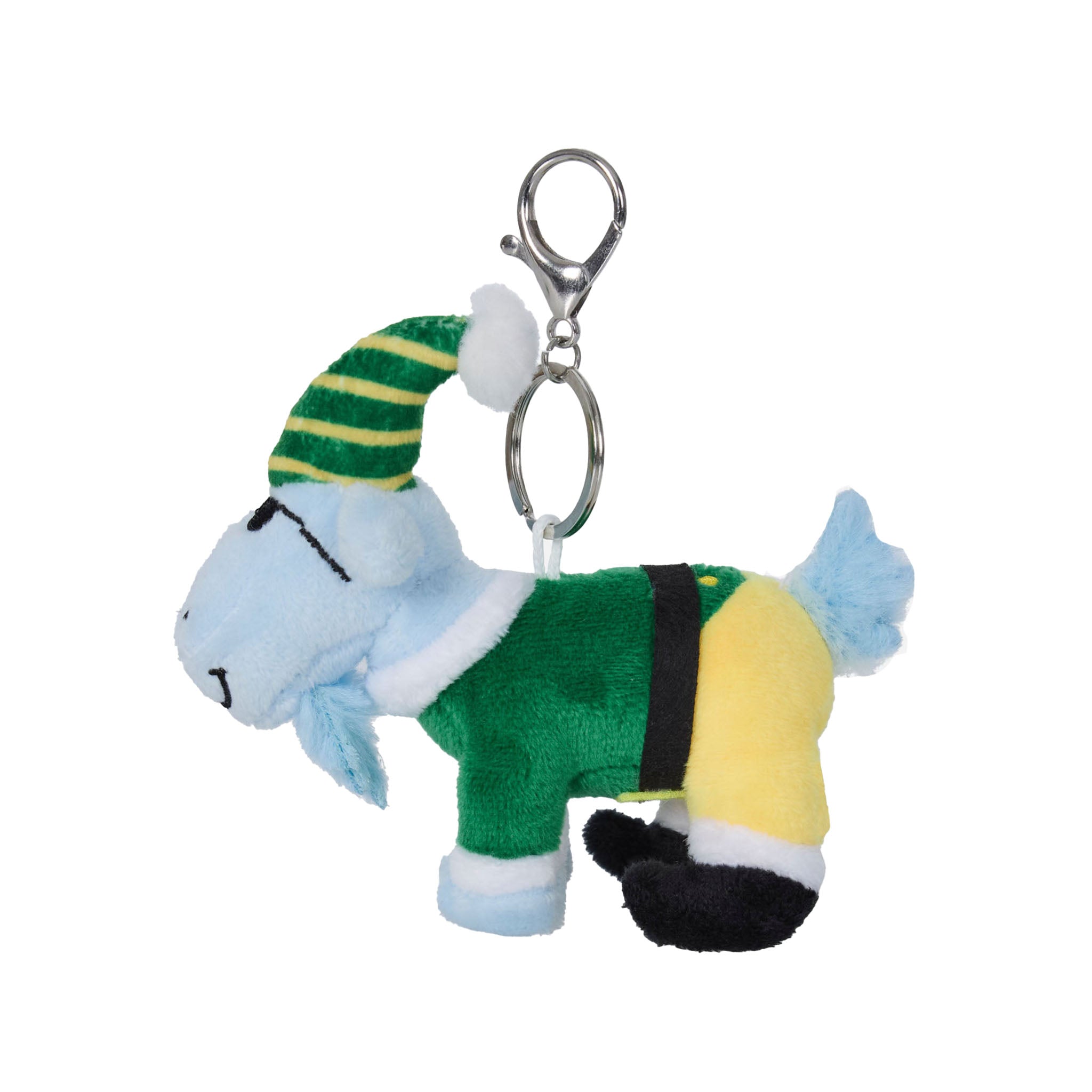 A plush goat character keychain wearing a green and yellow striped elf hat, a green outfit, and black boots, attached to a silver metal clasp on a plain white background.