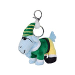 A plush goat character keychain wearing a green and yellow striped elf hat, a green outfit, and black boots, attached to a silver metal clasp on a plain white background.