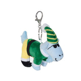 A small goat donkey keychain wearing a green and yellow striped elf hat, a green outfit, and black-and-white boots, attached to a silver metal clasp on a plain white background.